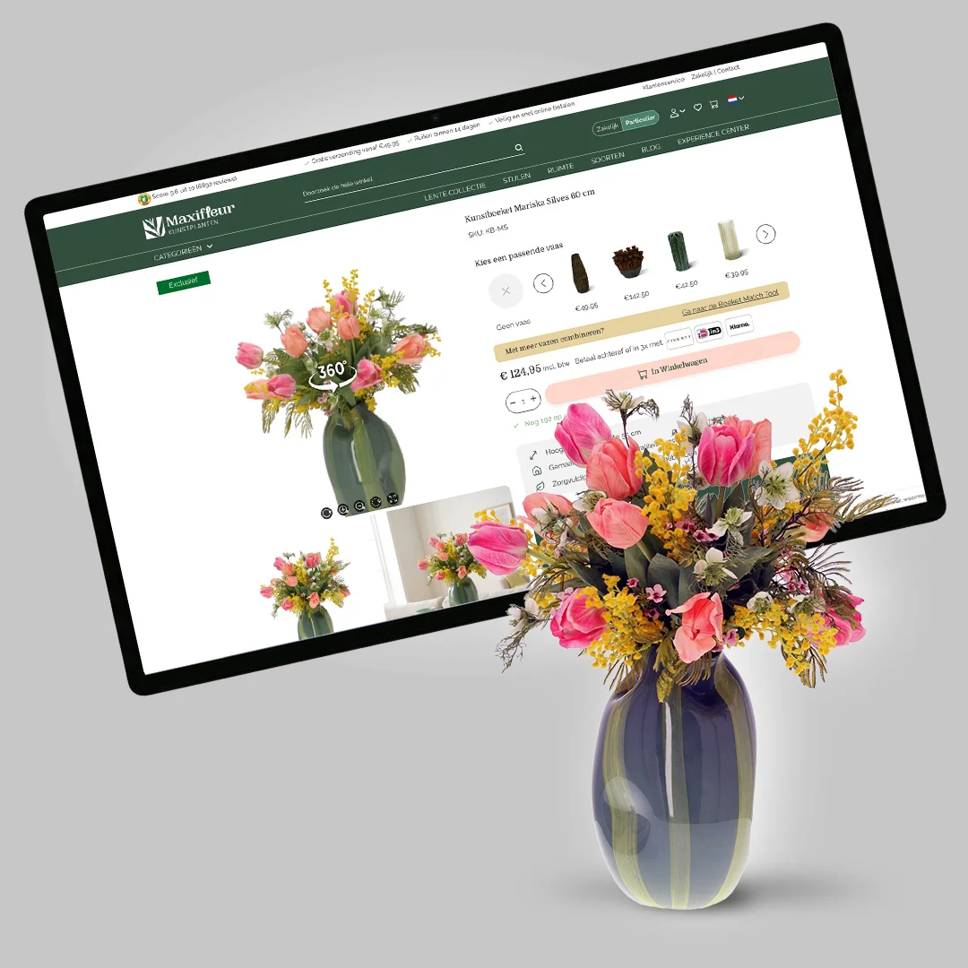 Maatwerk mediagalerij en productvideo: rijke productpresentatie op Hyvä voor Maxifleur